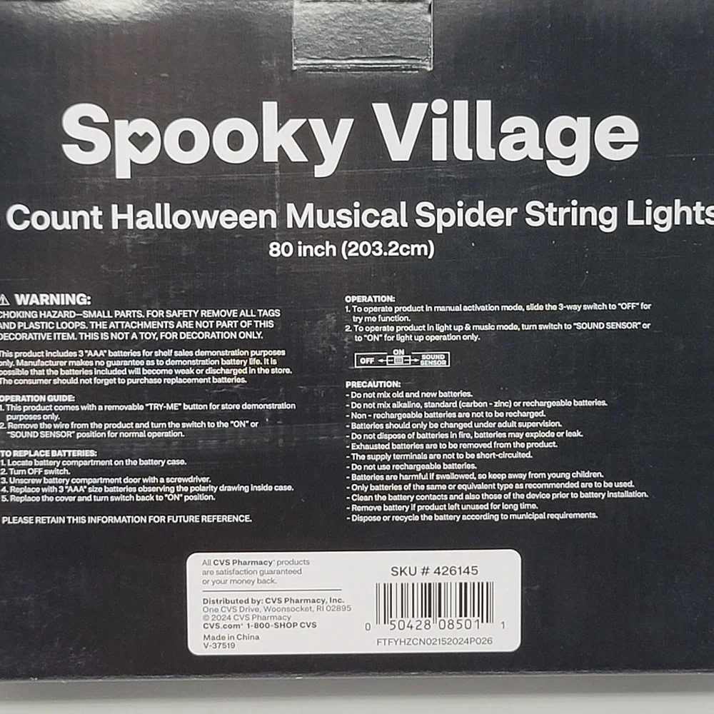 Spooky Village Halloween Musical Spider String Lights 80in Brown Red Eyes 8ct